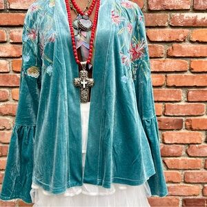Embroidered Teal Velvet Kimono Cardigan With Bell Sleeves